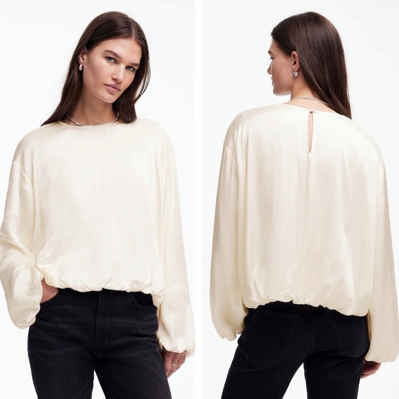 NWT Madewell Long-Sleeve Bubble-Hem Top in Satin, Winter White, Size M (6) - Picture 1 of 13